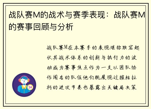 战队赛M的战术与赛季表现：战队赛M的赛事回顾与分析